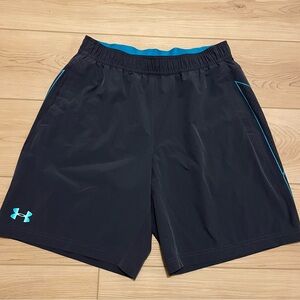 Under Armour Storm Vortex athletic training shorts, large gray/light blue